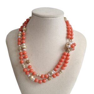 Vtg Double Strand Gold Tone, Faux Pearl,& Coral Acrylic Beaded Necklace 17"